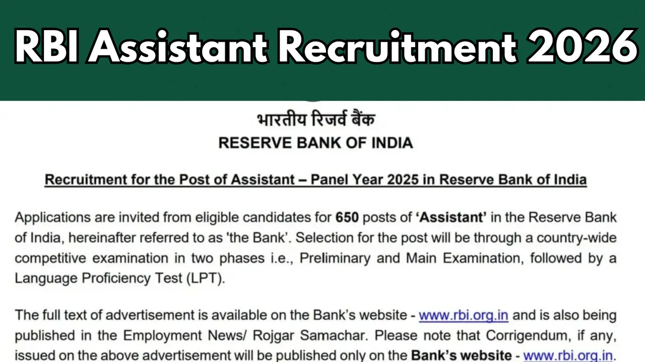RBI Assistant Recruitment 2026: Apply Online for 650 Assistant Posts at Reserve Bank of India